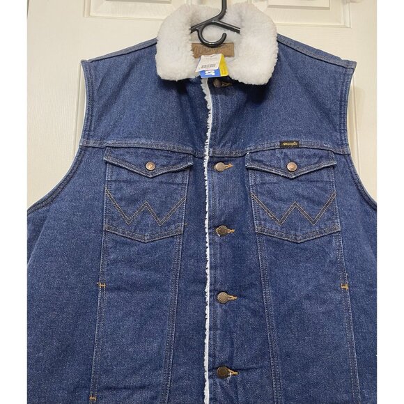 New WRANGLER Cowboy Utility Blue Sherpa Lined Denim Western Vest Men's Size XL - Picture 9 of 15